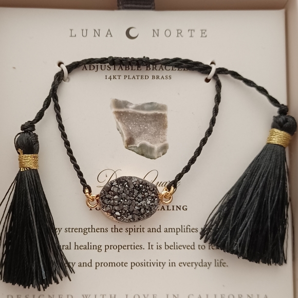 LUNA NORTE BLACK DRUSY QUARTZ GEMSTONE TASSELS ADJUSTABLE STRING BRACELET  NIB - Picture 2 of 11